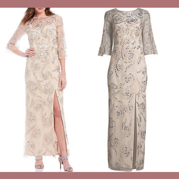 NWT‎ $495 Aidan Mattox 3/4 Sleeve Beaded Column Gown in Champagne [SZ 6 ] - Picture 2 of 16